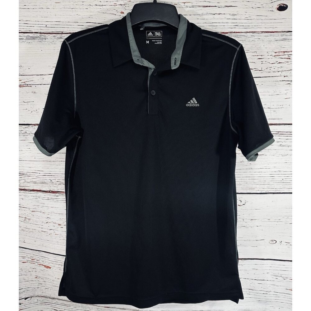 Adidas Polo Shirt Black Mens Medium Button Up Golf Polyester Short Sleeve